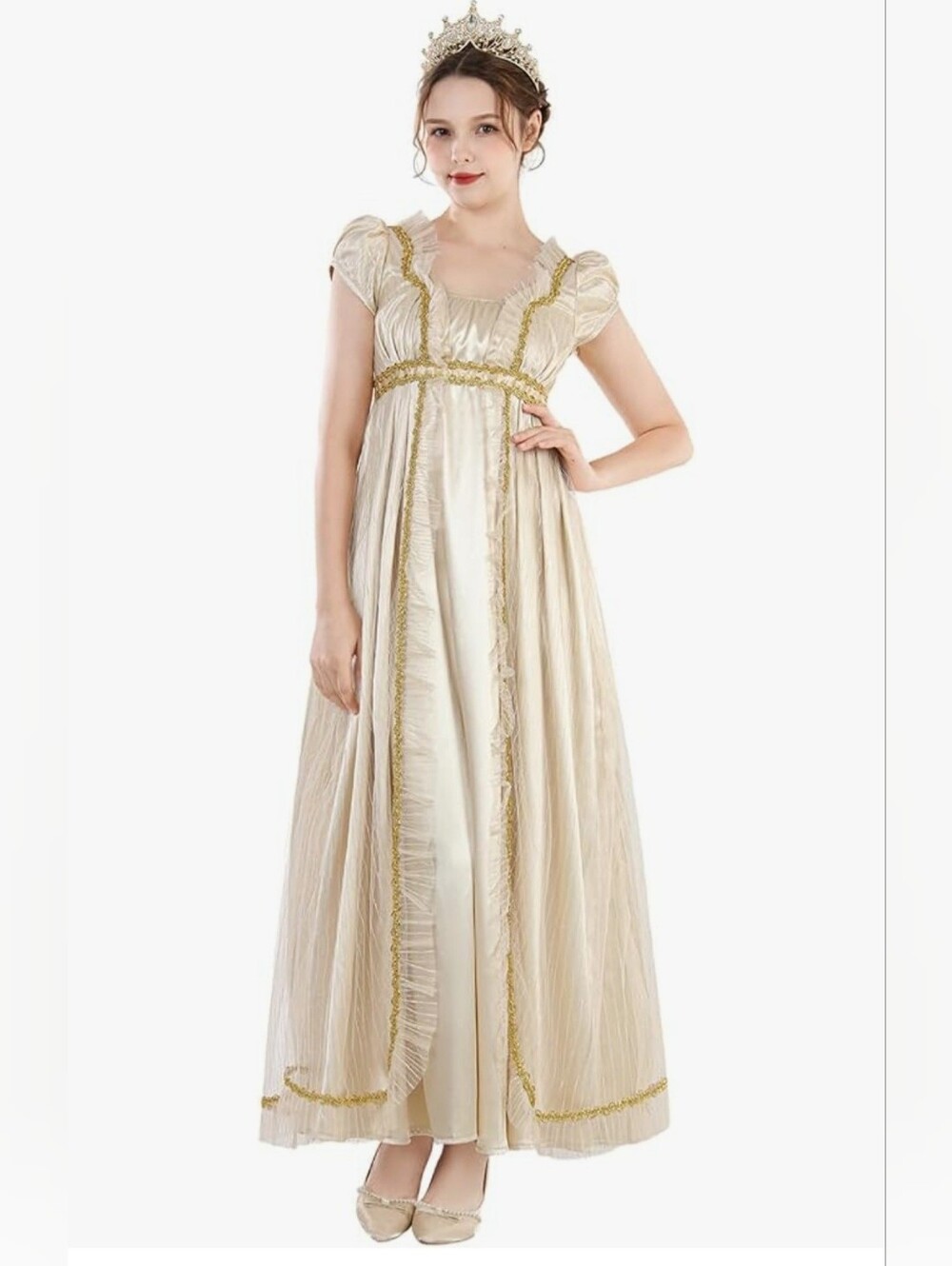 NWOT Womens Bridgerton Dress Regency Gown Costume Halloween Cosplay Gold Cream S